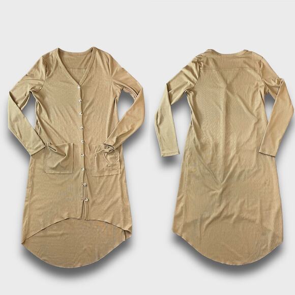 EARTHY BOHO HIPPIE MOD BOUTIQUE VNECK HIGH LOW RIBBED DRESS TAN M - Picture 2 of 8